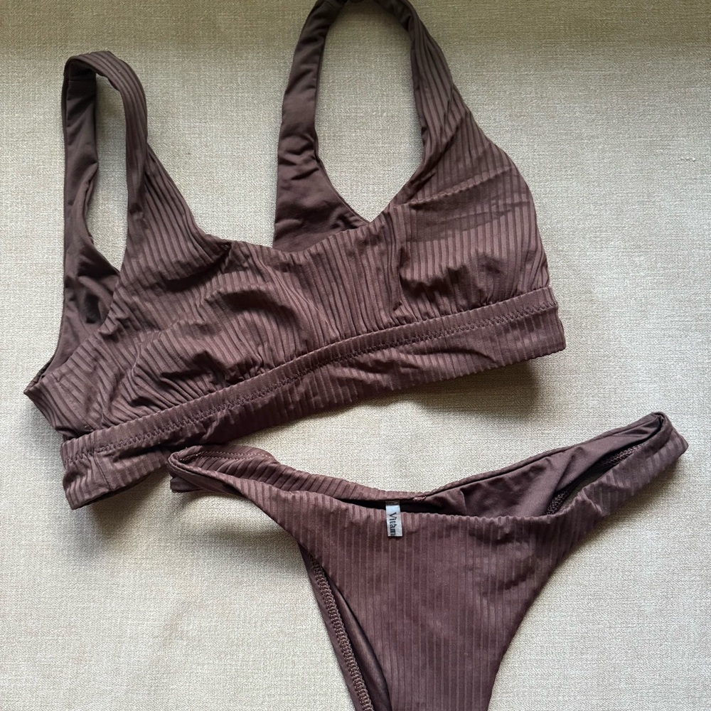Brown Ribbed Bikini Set - Picture 4 of 6